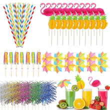 Cocktail Party Decorations Tropical Drink Accessories with Reusable Straws Umbrellas Stirrers Set