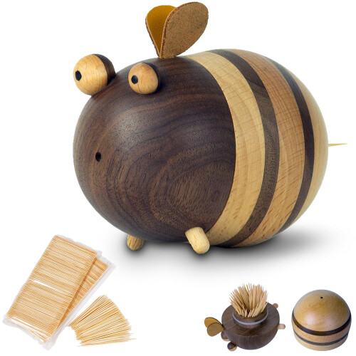 Bee Toothpick Holder with 250 Bamboo Toothpicks, DustProof Kitchen Dispenser Decor