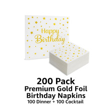200 Pack Gold Foil Birthday Party Napkins White and Gold Happy Birthday Dinner and Cocktail Set