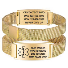 Medical Alert Bracelet Gold 16mm – Custom Engraved Emergency ID, Adjustable Magnetic Stainless Steel Waterproof