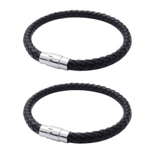 2X Schmuck Armband, LEDer Edelstahl, Geflochten Echtleder Armreif, fuer Herren Damen, Schwarz - Breite 6mm - Laenge 23cm