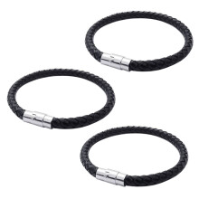 3X Schmuck Armband, LEDer Edelstahl, Geflochten Echtleder Armreif, fuer Herren Damen, Schwarz - Breite 6mm - Laenge 23cm