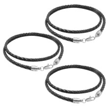 3X Jewelry Men's Necklace - 3mm Cord - Leather - Stainless Steel - for Men - Color Black Silver - with Gift Bag - 60cm