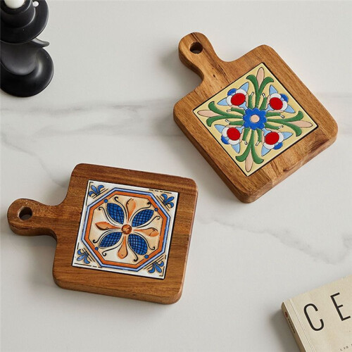 Solid Wood Tile Insulation Pot Mats, Home Retro Placemats, High Temperature Resistant Kitchen Table Mats Coasters A 2