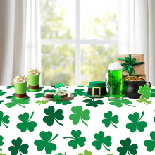 St. Patrick’s Day Party Supplies Set: Green Disposable Plates, Cups, Napkins & Tablecloth with Shamrock Print – Compatible with Home, Bar, Office