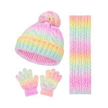 Strickmütze, Schal und Handschuhe Set – Regenbogenfarben, Plüschball