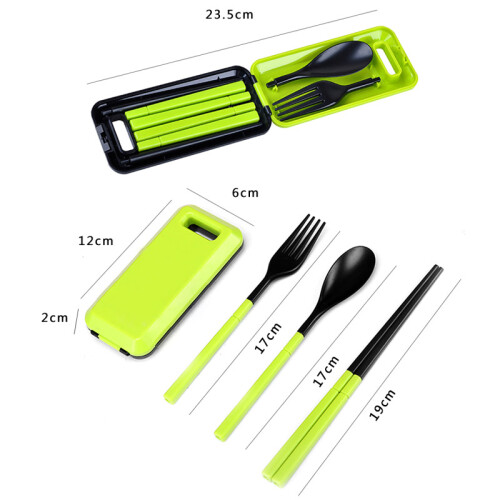 (Green) Kids Travel Dinnerware Set - Fork, Chopsticks 2