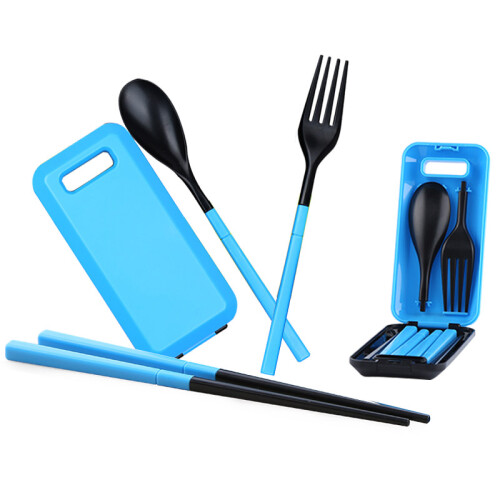 (Blue) Kids Travel Dinnerware Set - Fork, Chopsticks 1
