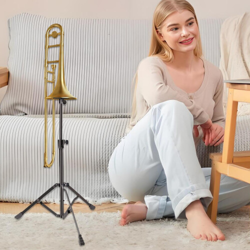 Adjustable Trombone Stand with Music Holder, Stable Triangular Base, 5280cm for Stage or Studio 1