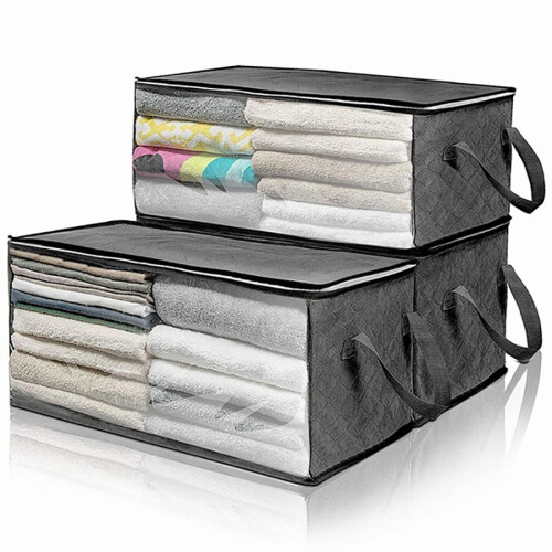 4PCS Quilt Organizer Box Foldable Portable Closet Stackable Bins Non Woven Clothes Storage Blankets Collecting Case-Gray