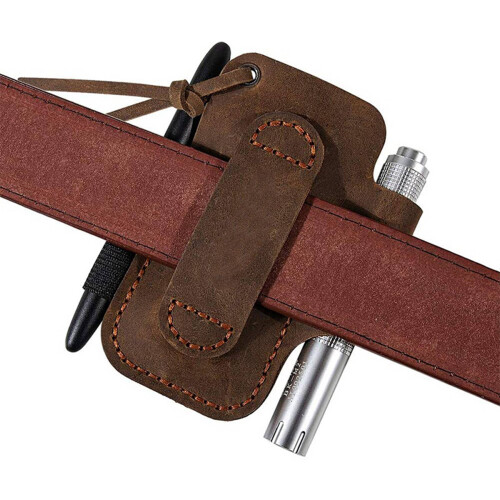 2X Handmade Leather Sheath Folding Knife Flashlight Holder EDC Tool Brown 2
