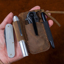 2X Handmade Leather Sheath Folding Knife Flashlight Holder EDC Tool Brown