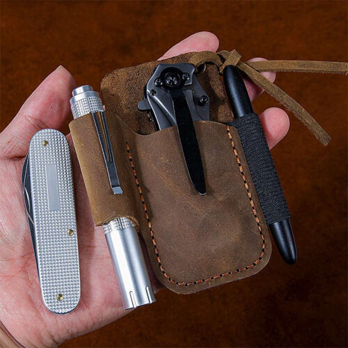 2X Handmade Leather Sheath Folding Knife Flashlight Holder EDC Tool Brown
