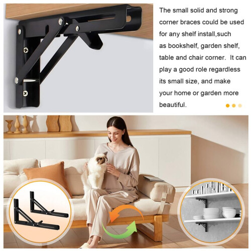 Black Triangle Folding Angle Bracket, Adjustable Wall Shelves,Mounted Table Shelves,Home Hardware,12 Inch,2Pcs 1