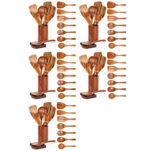 45 PCS Wooden Spoons for Cooking, Wooden Utensils for Cooking with Utensils Holder, Teak Wooden Kitchen Utensils Set