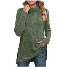 Udsalg af plus size-pullover til kvinder: Oversized rullekravetrøje, flagermusærme, strikket hyggelig pullover – Grøn, L