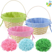 3 PCS Easter Bamboo Baskets with Plaid Lining, Handles & Grass Shreds (Blue/Pink/Green) – for Egg Hunt, Kids Party Favors