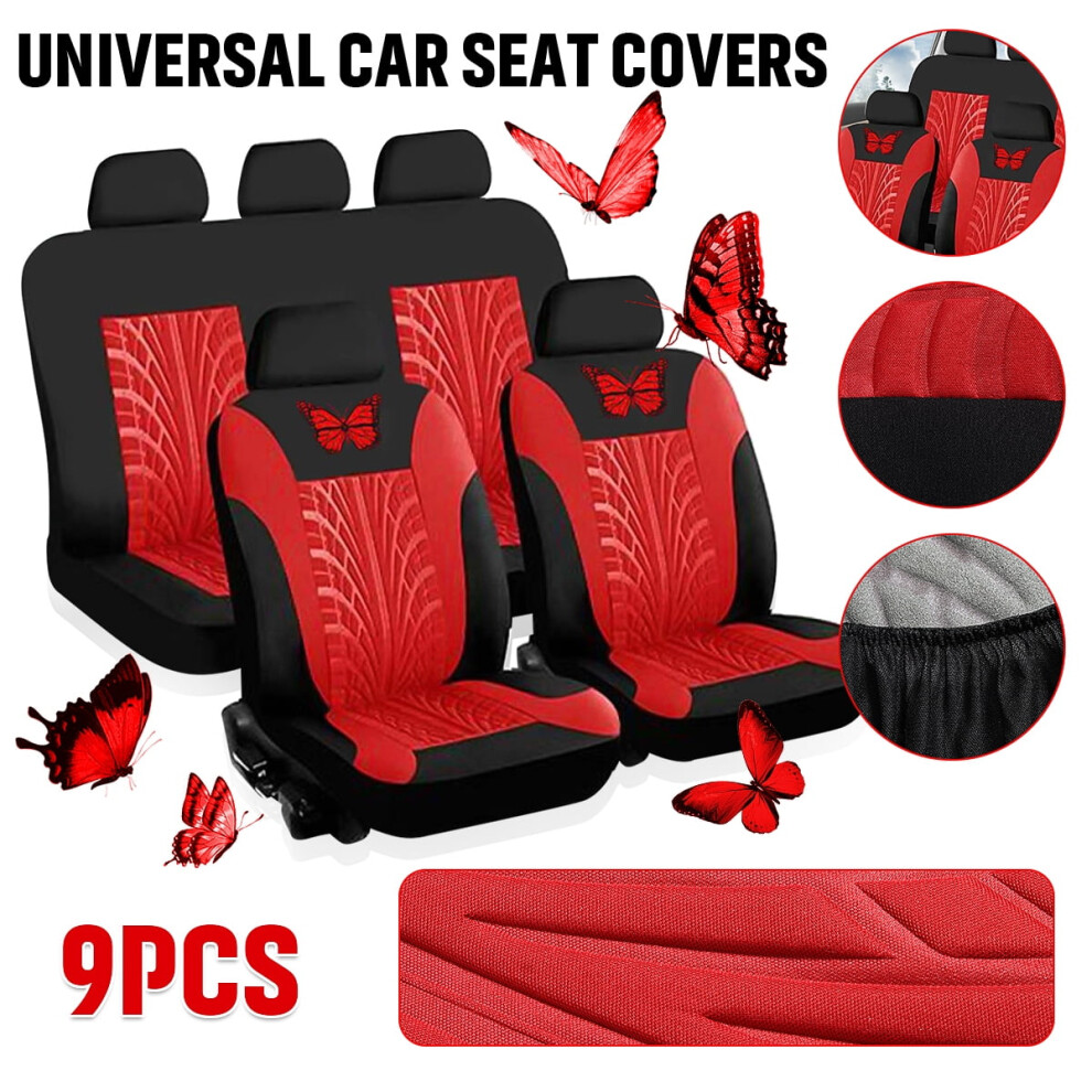 9Pcs Universal Car Seat Covers Full Set Protector Cushion Front Rear 3D Butterfly Embroidery Pattern, Red 9365509019375