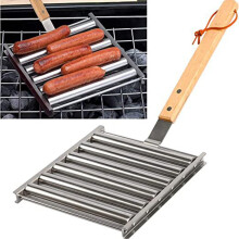 Hot Dog Roller BBQ Grill Accessories Set, HeatResistant Stainless Steel Sausage Rack with Wooden Handle