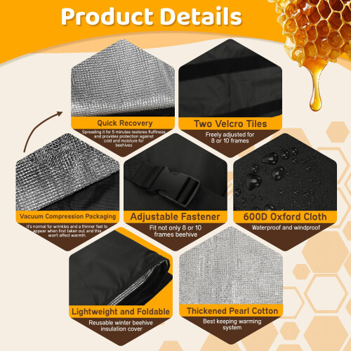 Bee Hive Wrap Winter Insulation Cover for 8 and 10 Frame Hives, Waterproof Windproof Adjustable Protector 2