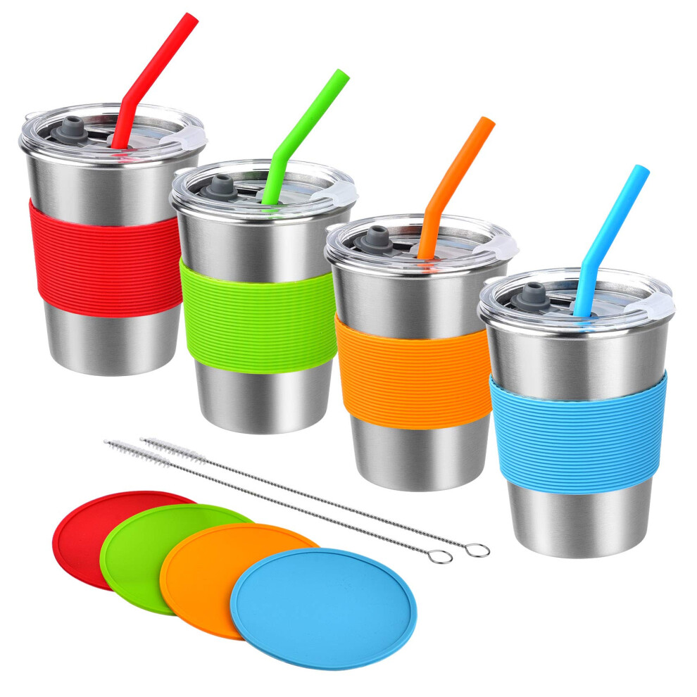 Kids Stainless Steel Cups with Straw and Lid, 4 Pack 12oz Spill Proof Tumblers for Toddlers