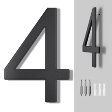 10 Inch Black Metal House Number 4 – Modern Weather Resistant Outdoor Address Sign with Floating Mount