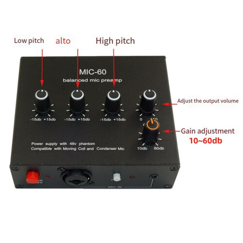 Balanced Dynamic Microphone Amplifier Music Audio Amplifier MIC-60 with 48V Phantom Power with 3.5mm Cable