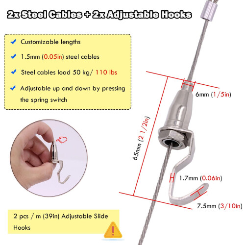 Picture Hanging Kit with Adjustable Hooks, 3m Wall Mount Rail Cable System for Gallery Display 2