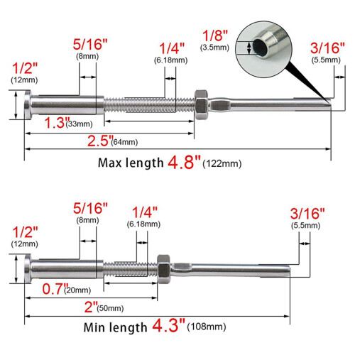 40Pcs Invisible Turnbuckle Hand Swage Threaded Stud Hex  Fitting Receiver Terminal for 1/8 Inch Cable Railing 1