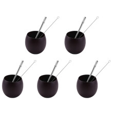 5X Trä Yerba Kalebass Mate Teservis Handgjord Naturligt Trä Kaffe Water Mate Cup med Sked Halm Bombilla Borste 200ML (Djup)