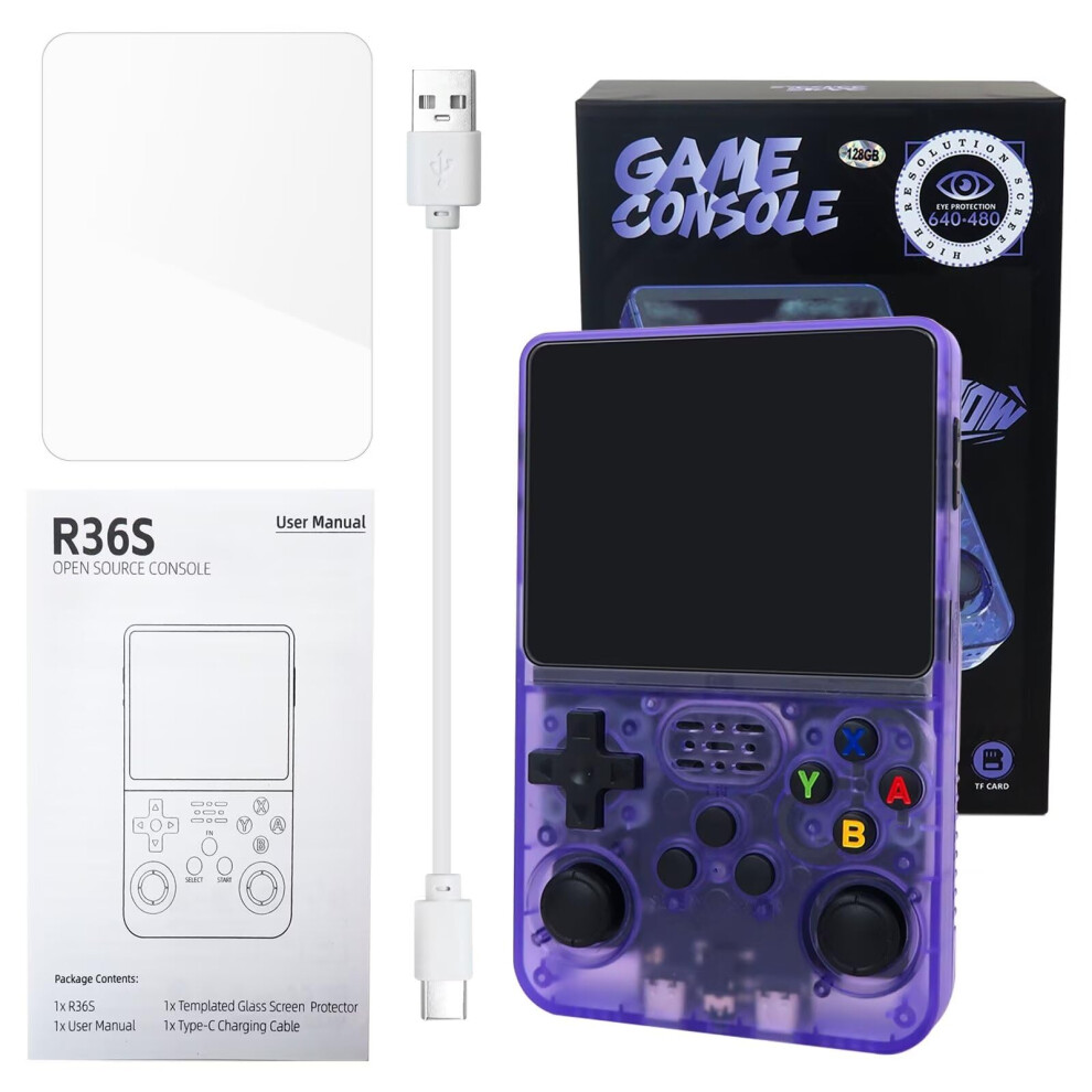 R36s Retro Handheld Game Console 128G Ips Screen 15000 Games Open Source Linux Purple 9771547437833