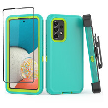 Kompatibilní s Samsung Galaxy A53 5G pouzdrem + ochranou displeje, nárazuvzdorným celotělovým pouzdrem s klipem na opasek (zeleno-žluté)