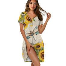 Chemise de nuit à manches courtes pour femme, robe de nuit boutonnée sur le devant, robe d'intérieur longueur genou, taille 2XL, beige tournesol