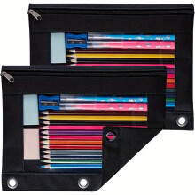 Lot de 2 trousses pour classeur à 3 anneaux, pochettes transparentes à fermeture éclair et œillets renforcés – Noires