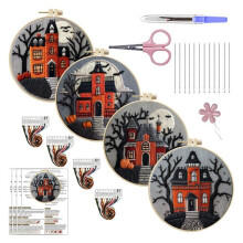 4-Pack Halloween Castle Embroidery Kit for Beginners: Fall Pumpkin and Black Tree Bat -Stitch Kit