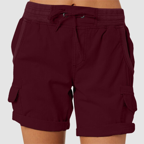 Shorts cargo femininos de verão, modelagem solta, com bolsos e elástico. 1