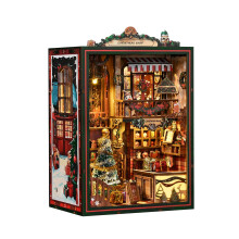 DIY Book Nook Christmas , 3D Wooden Puzzle Dollhouse with Mechanical Music Box Village Decor