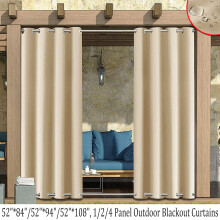 Udendørs mørklægningsgardiner - øverste og nederste rustfri stålringe - til terrasse/have/pavillon/veranda/skydedør, beige