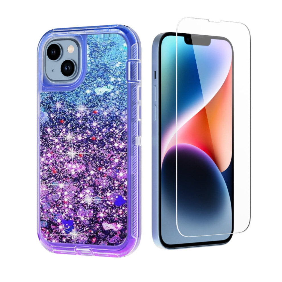 Bling Glitter Quicksand Iphone 14 Plus Screen Protector & Shockproof Cover, Compatible With Iphone 14 Plus 6.7", + Blue/Purple 9365509028490