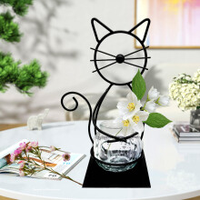 Glass Planter Vase with Modern Cat Metal Stand, Clear Root View Hydroponic Desktop Display 7.4inch Black