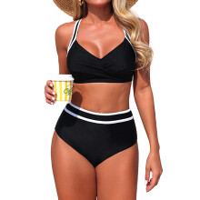 Dames bikinisets met hoge taille, tweedelige badpakken,-Zwarte M