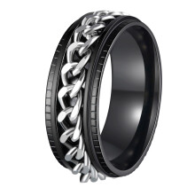 Men's Black and Silver Chain Spinner Ring Size 14 – Titanium Steel Fidget Ring with TwoTone Modern Finish