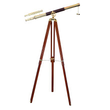 Vintage Nautical Brass Telescope with Adjustable Wooden Stand, Double Barrel Floor Standing Decor