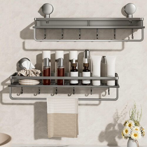 Shower Caddy Suction Cup Rustproof WallMounted Bathroom Shelf with Hooks and Large Capacity Storage 1