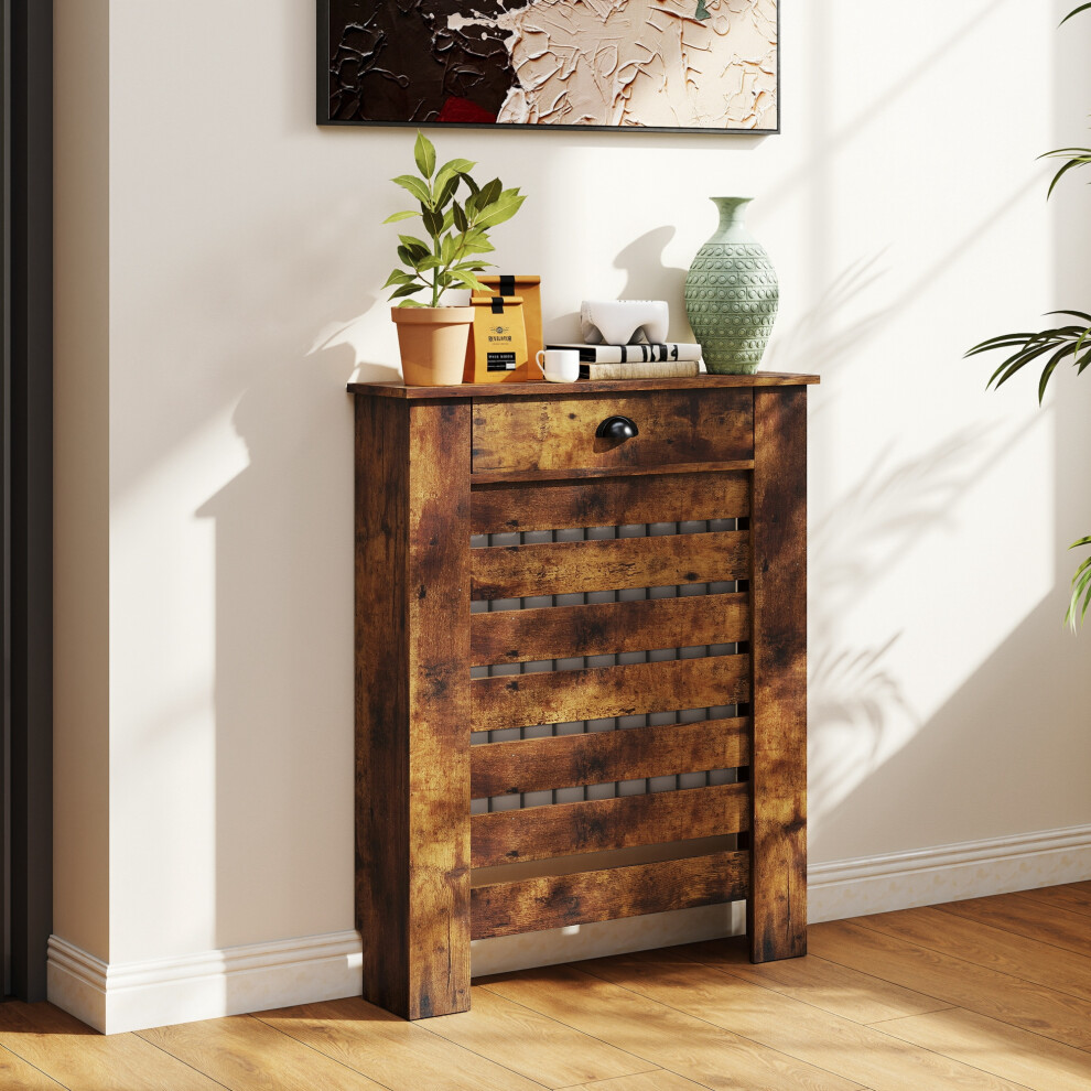 Homcom Radiator Cover With Drawer, Horizontal Slat, 78Cm, Rustic Brown