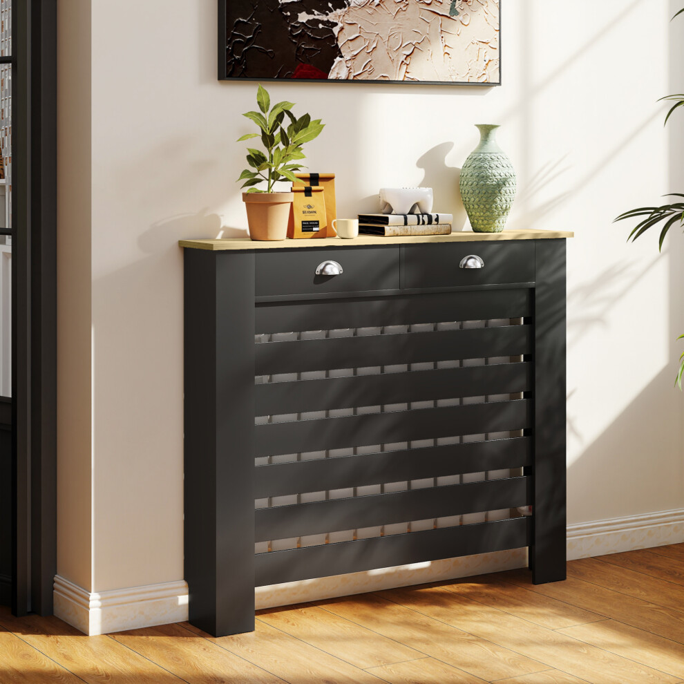 Homcom Black Radiator Cover With Drawer, Horizontal Slat, 111Cm,