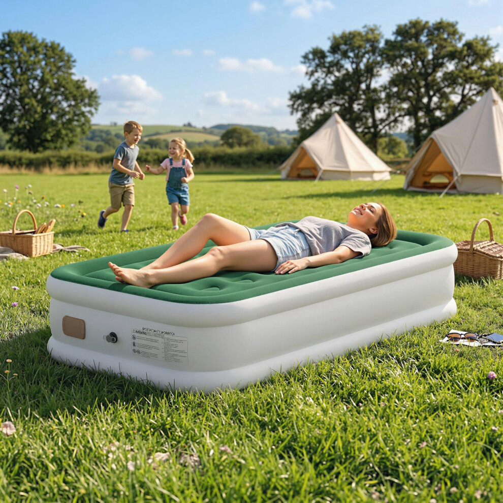 Outsunny Inflatable Mattress, Single Air Bed With Built-In Pump, Dark/Green