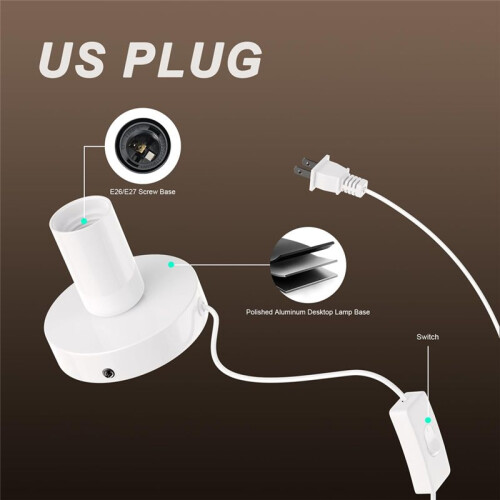 2pcs Polished Metal Desktop/Hanging Light Bulb Socket E26/E27 Lamp Base,Screw Light Bulb Extension Socket US Plug White 1