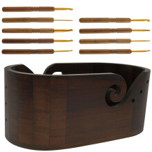 Wooden Yarn Bowl with 9 Crochet Hooks Set, Tangle Yarn Feeding, Oval Knitting Organizer