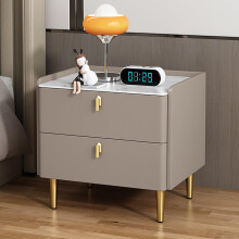 Solid Wood Bedside Table with 2 Drawers, Modern Leather Wrapped Nightstand with Slate , Champagne Finish